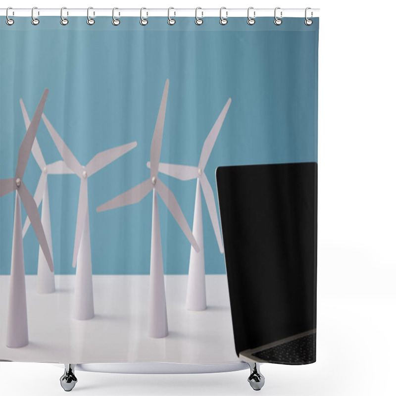 Personality  Laptop On White Table With Windmill Models On Blue Background Shower Curtains