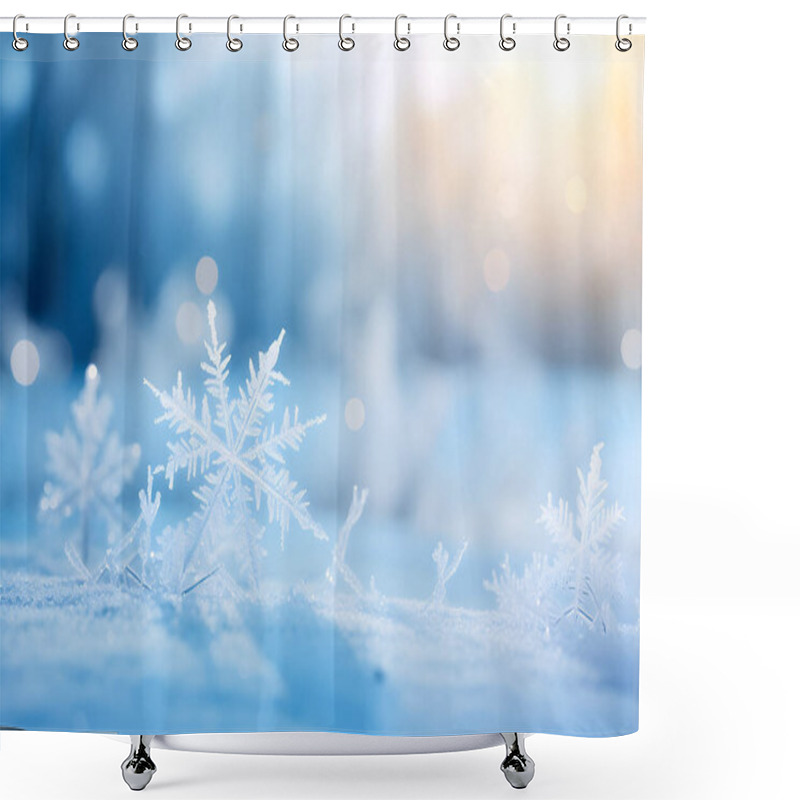 Personality  Macro Snowflake Covered With Frost In The Cold Season Under The Bright Sun, Blurred Background. Transparent Leaves Of The Skeleton. Generate Ai Shower Curtains