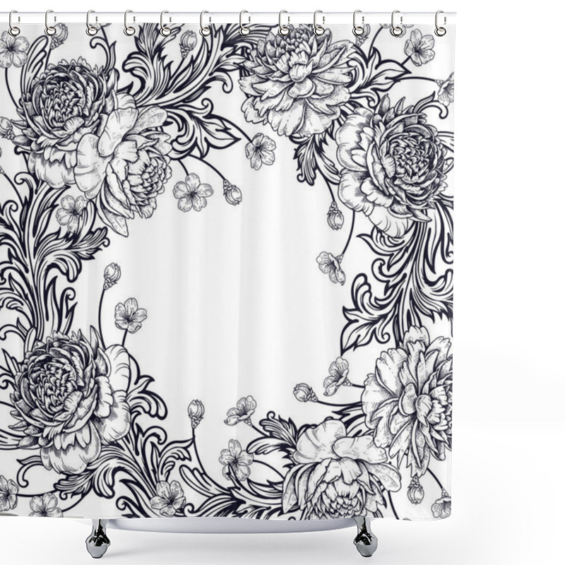 Personality  Peonies And Baroque Style Ornament Details. Frame. Shower Curtains