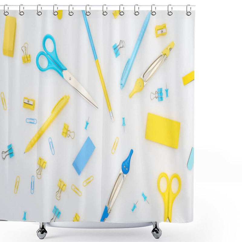 Personality  Mix Of Blue And Yellow Stationery On White Background Shower Curtains