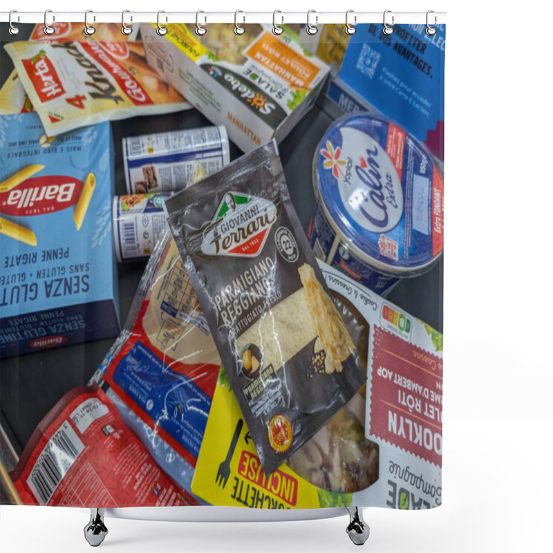 Personality  France, 12 August 2024: Assortment Of Italian And French Food Products In Grocery Packaging Shower Curtains