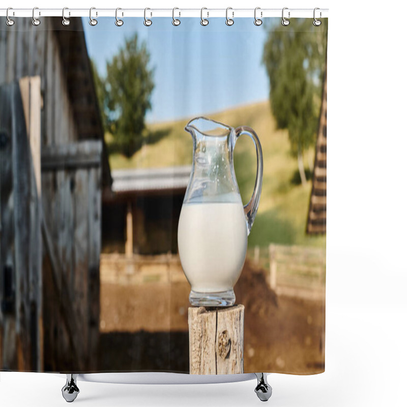 Personality  Object Photo Of Big Jar Of Fresh Delicious Milk Placed Outside Nearby Village House On Modern Farm Shower Curtains