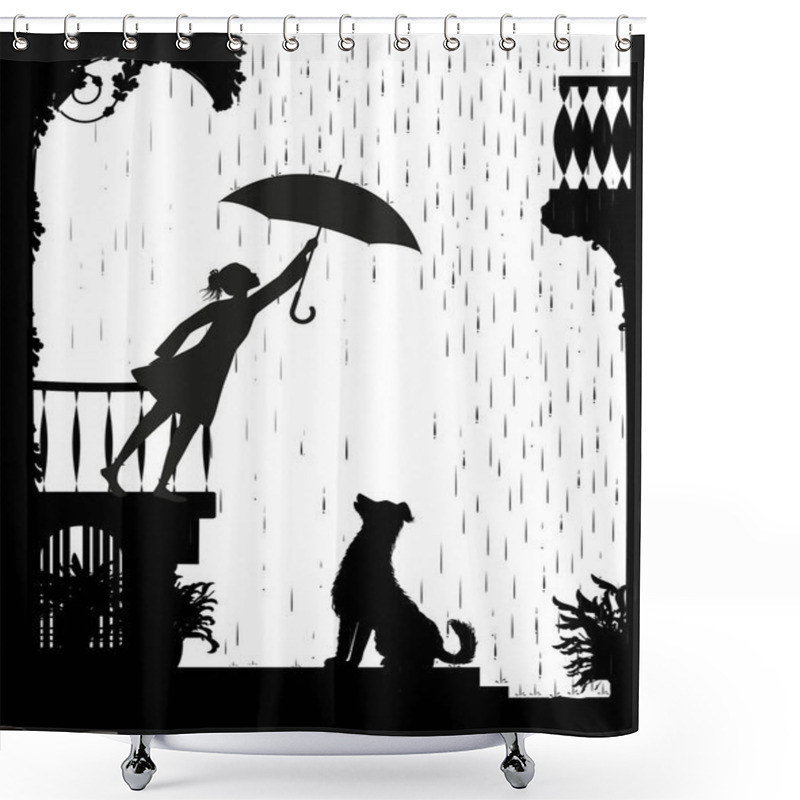 Personality  Take Care The Dog, Girl On The Balcony Holding The Umbrella Above The Dog, My Friend Dog, Black And White, Shadow, Shower Curtains