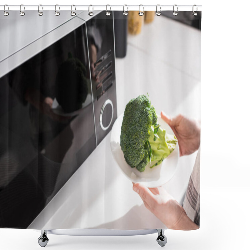 Personality  Cropped View Of Woman Holding Plate With Broccoli Near Microwave  Shower Curtains