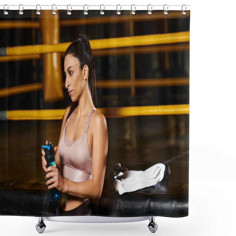 Personality  A Dedicated Woman Pauses To Drink Water While Preparing For The Next Exercise In The Gym. Shower Curtains