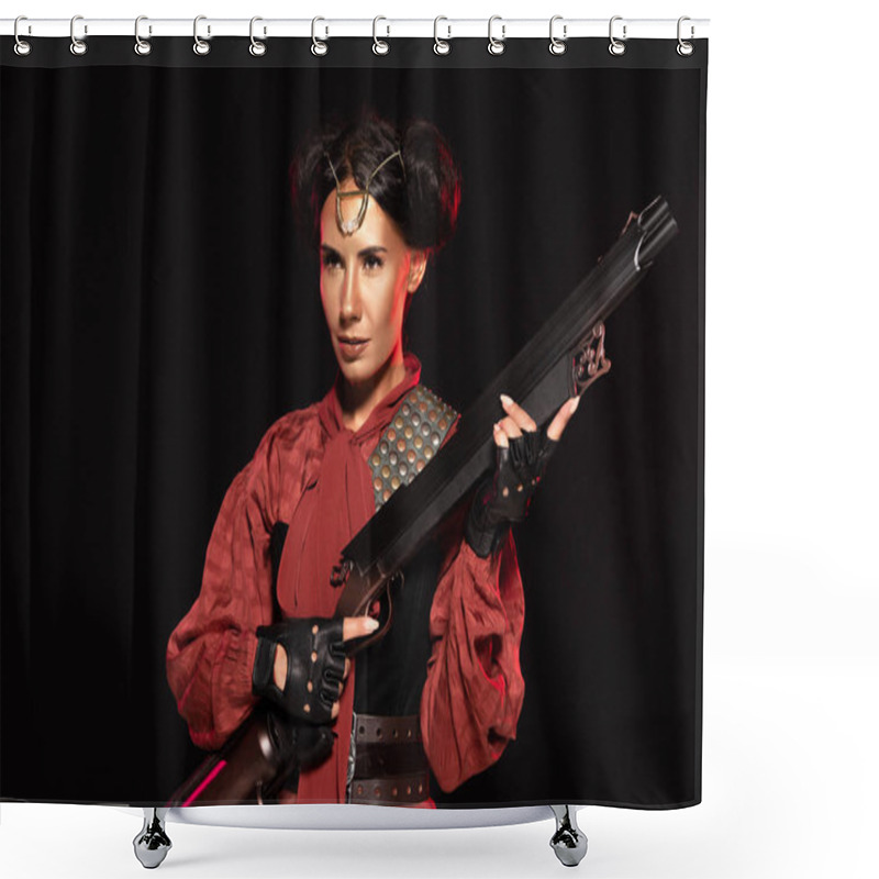 Personality  Confident Steampunk Girl In Leather Gloves Holding Gun Isolated On Black Shower Curtains