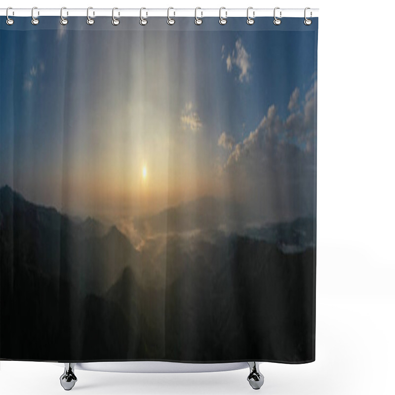 Personality  Panoramic Aerial Landscape View Morning Sunlight Blue Sky And Mountain Range With Fog In Valley At Chiang Rai Thailand, Panorama For Webpage Background Concept  Shower Curtains