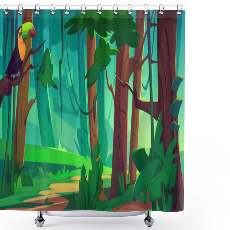 Personality  Tropical Jungle Forest With Toucan On Tree Cartoon Background. Bird On Branch In Wildlife Exotic Nature Landscape. Adventure In Wild Amazon Rainforest Park With Liana And Bush Illustration Design. Shower Curtains