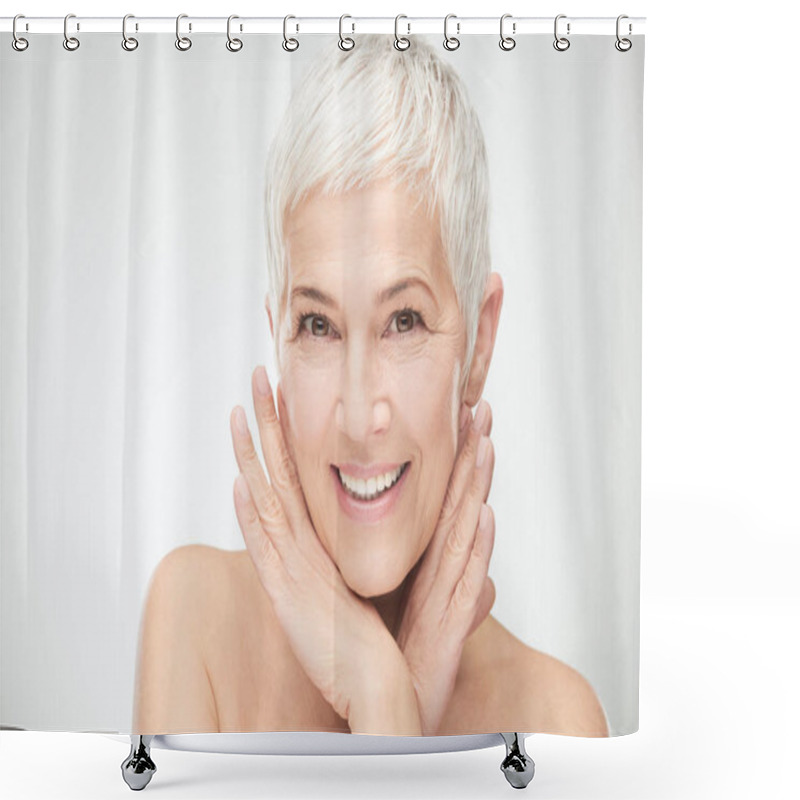 Personality  Portrait Of Beautiful Senior Woman In Front Of White Background. Shower Curtains