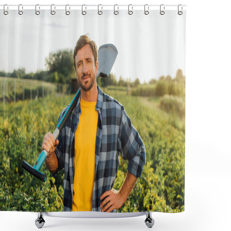 Personality  Farmer In Plaid Shirt Looking At Camera While Holding Shovel In Field Shower Curtains