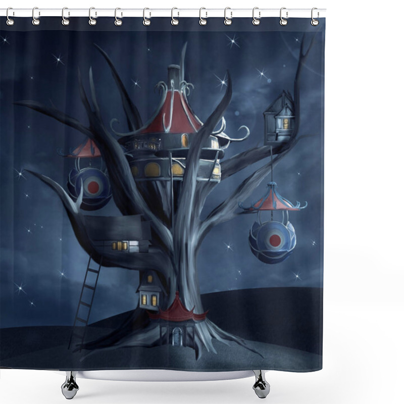 Personality  Fantasy Tree House Over The Hill By Night, 3D Illustration Shower Curtains