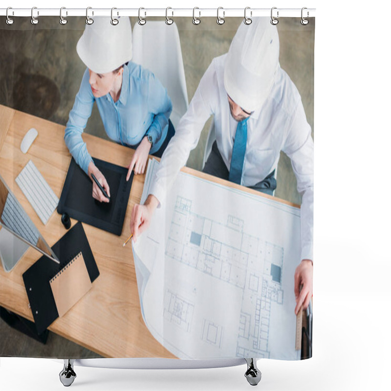 Personality  High Angle View Of Architects Working With Building Plan And Drawing Tablet At Office Shower Curtains