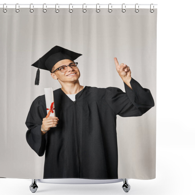 Personality  Charming Student In Graduate Outfit With Vision Glasses Pointing Finger To Up With Diploma In Hand Shower Curtains