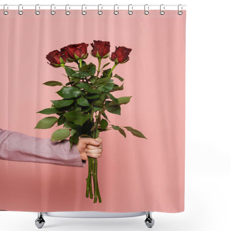 Personality  Cropped View Of Host Of Event In Jacket Holding Bouquet Of Red Roses Isolated On Pink  Shower Curtains