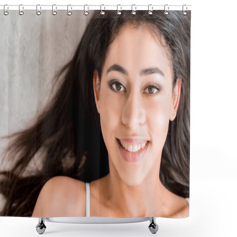 Personality  Beautiful Smiling Mixed Race Girl Looking At Camera, On Grey Shower Curtains