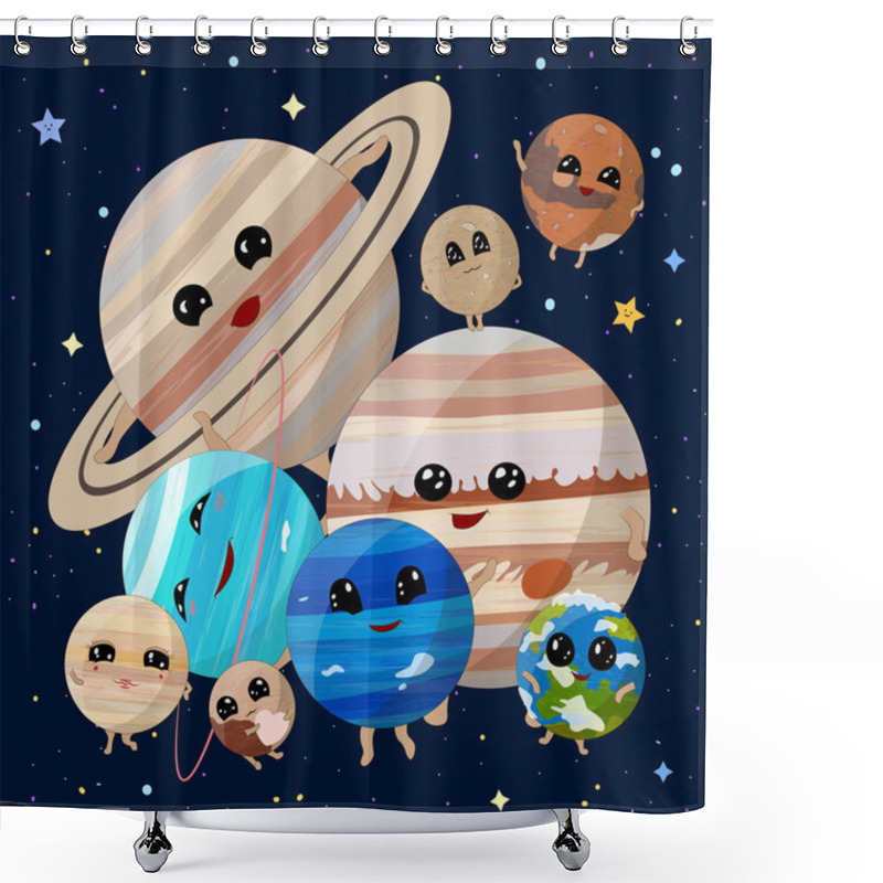 Personality  Cartoon Planets Of Solar System On Space Background, Vector Illustration Shower Curtains