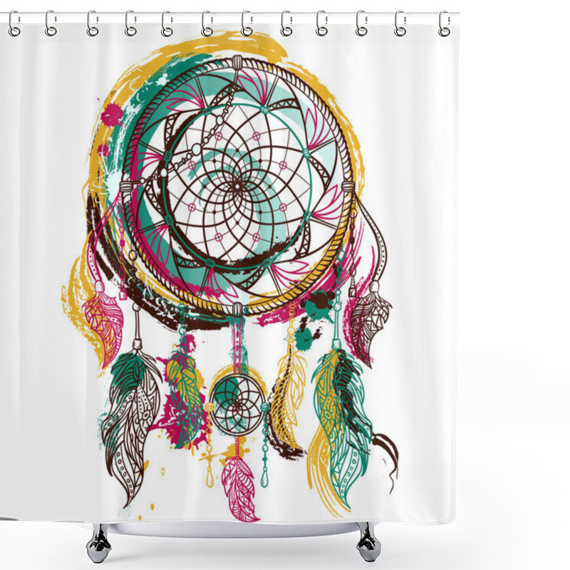 Personality  Dream Catcher With Ornament. Tattoo Art. Hand Drawn Grunge Style Art. Colorful Retro Banner, Card, Scrap Booking, T-shirt, Bag, Print, Poster.Highly Detailed Vintage Hand Drawn Vector Illustration Shower Curtains