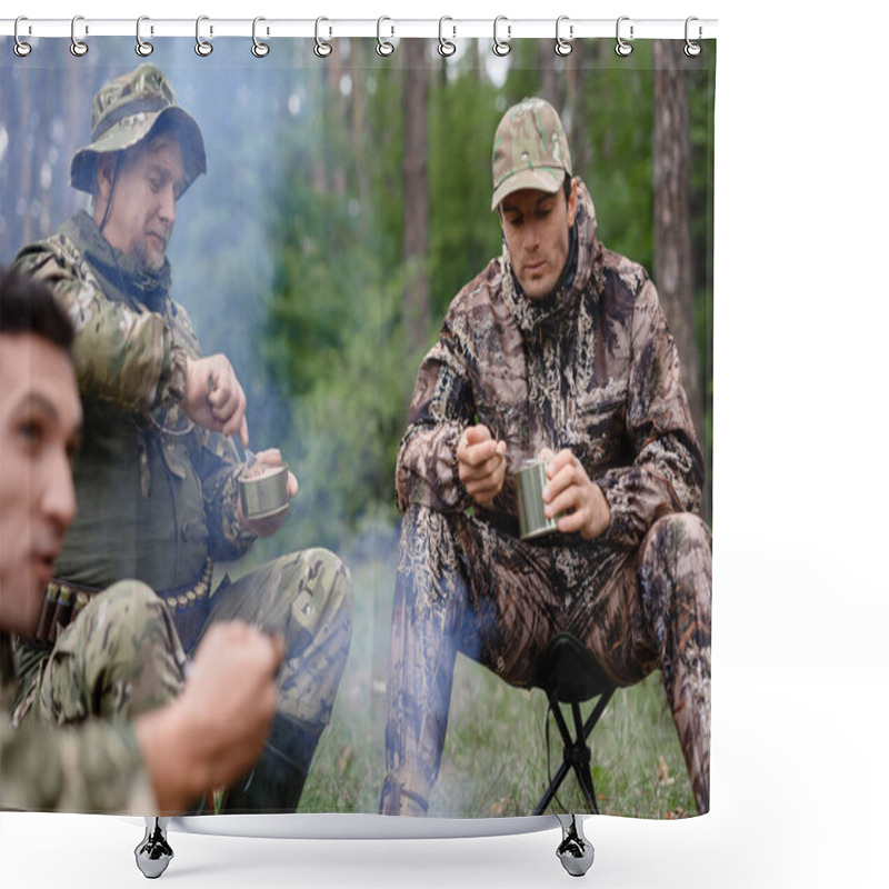 Personality  Happy Hunters Have Lunch Picnic Near Bonfire. Shower Curtains