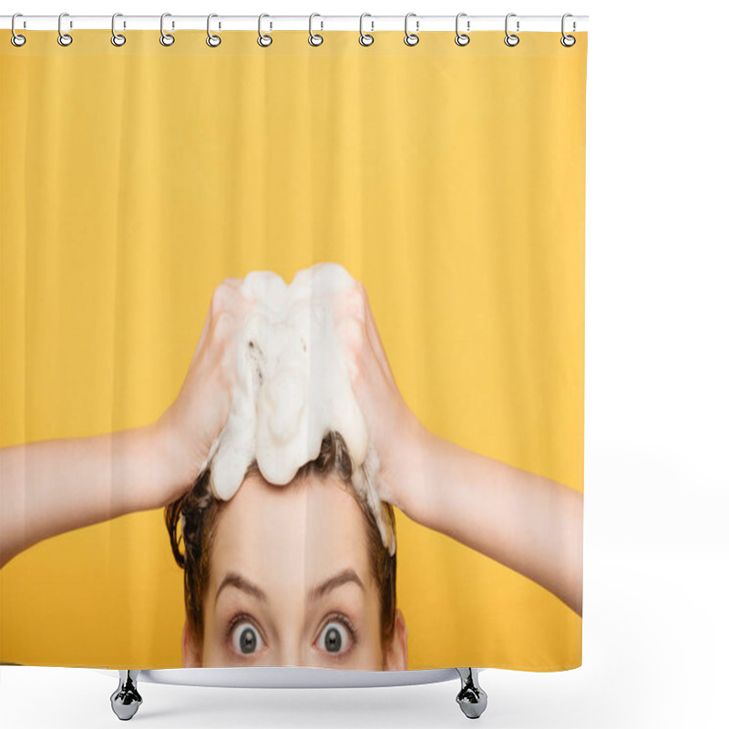 Personality  Cropped View Of Excited Girl With Wide Open Eyes Looking At Camera While Washing Hair Isolated On Yellow Shower Curtains