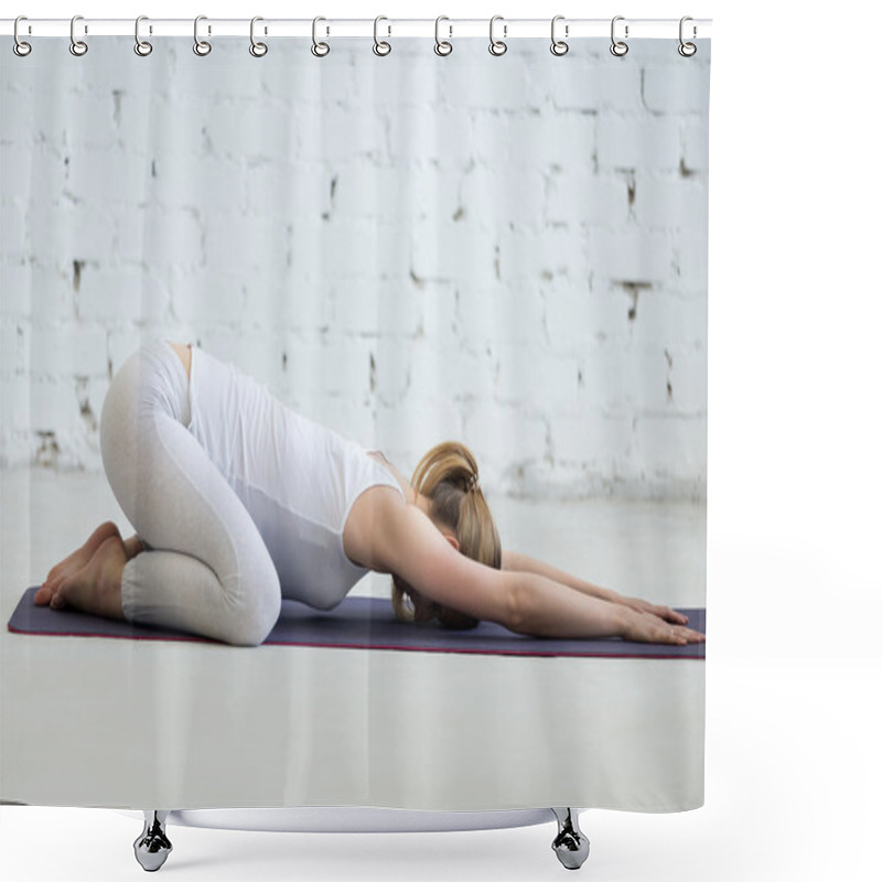 Personality  Pregnant Young Woman Doing Prenatal Child Yoga Pose, Balasana Shower Curtains