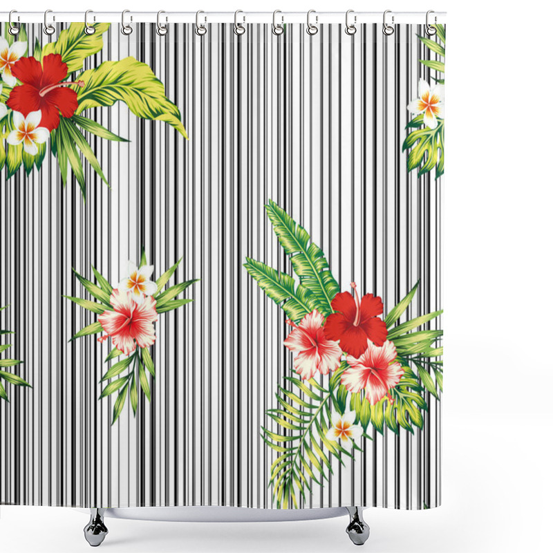 Personality  Tropical Flowers Leaves Composition Seamless Pattern Black White Shower Curtains