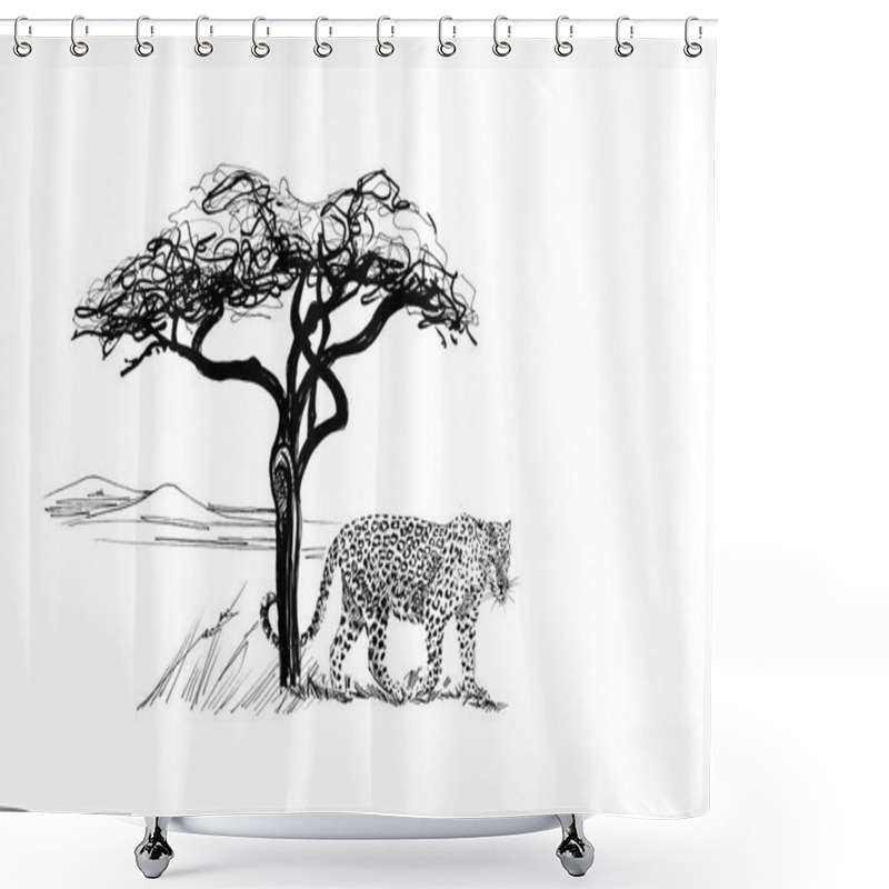 Personality  Leopard Near A Tree In Africa. Hand Drawn Illustration. Collection Of Hand Drawn Illustrations (originals, No Tracing) Shower Curtains