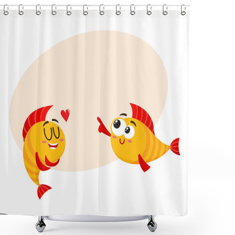 Personality  Two Smiling Golden Fish Characters, One Showing Love, Another Laughing Shower Curtains