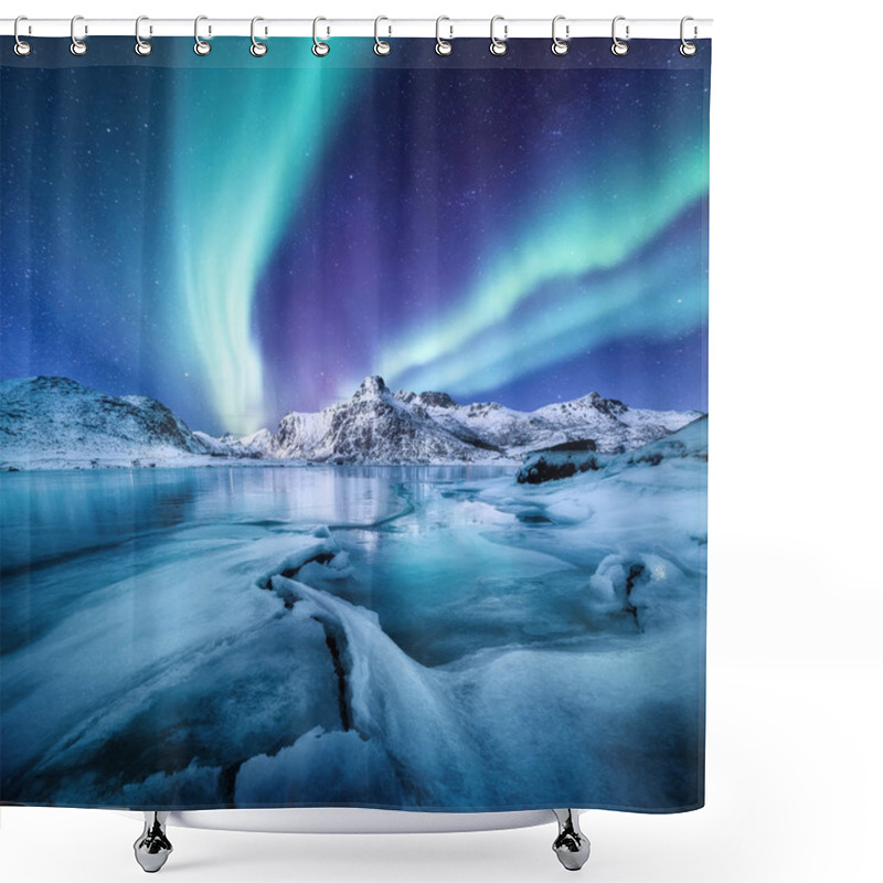 Personality  Aurora Borealis, Lofoten Islands, Norway. Nothen Light, Mountains And Frozen Ocean. Winter Landscape At The Night Time. Norway Travel - Image Shower Curtains