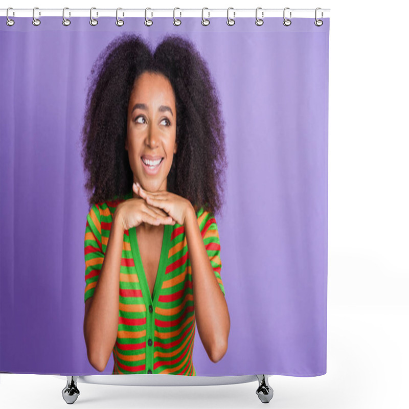 Personality  Photo Of Shiny Attractive Lady Dressed Striped Cardigan Arms Chin Looking Empty Space Isolated Purple Color Background. Shower Curtains