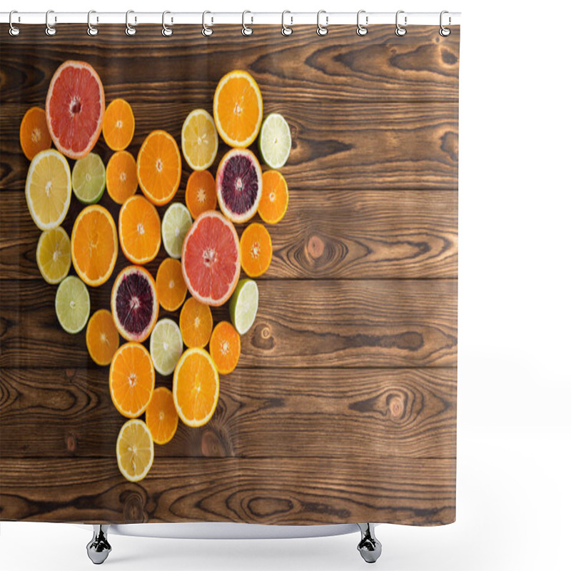 Personality  Overhead View Of Different Fresh Fruit Arranged In Shape Of Love Heart On Brown Wooden Background. Shower Curtains