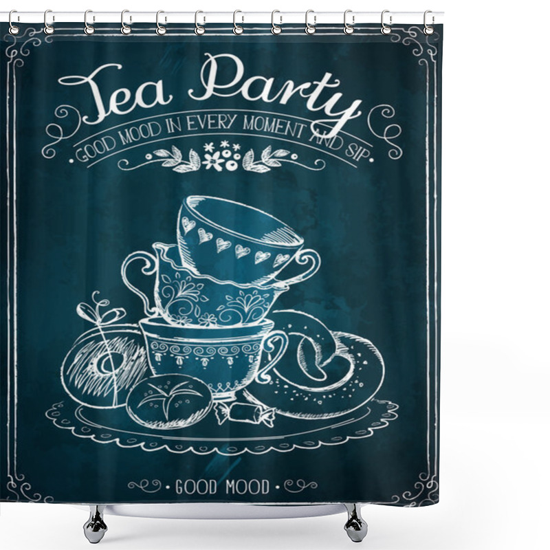 Personality  Retro Illustration Time Party With Cups And Bakery Shower Curtains