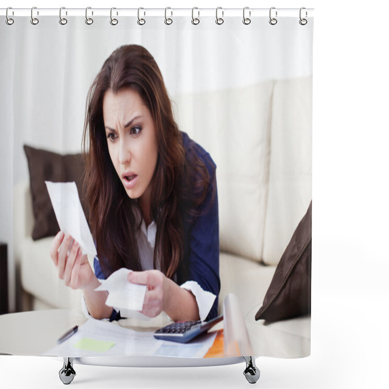 Personality  Desperate Young Woman Looking At Bills Shower Curtains