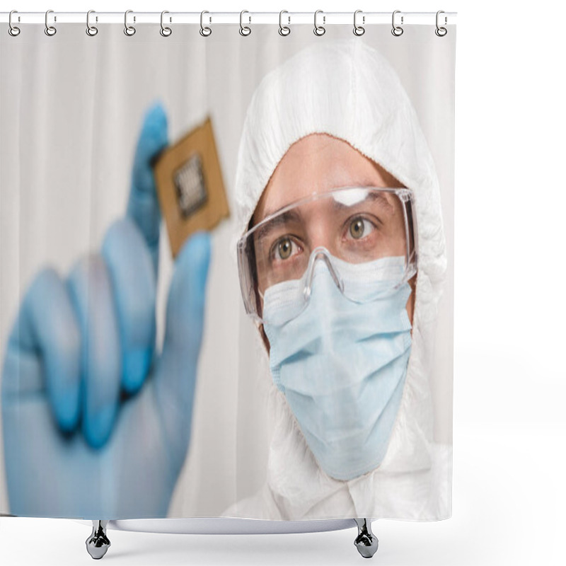 Personality  Selective Focus Of Scientist Looking At Microchip In Latex Glove Isolated On Grey Shower Curtains