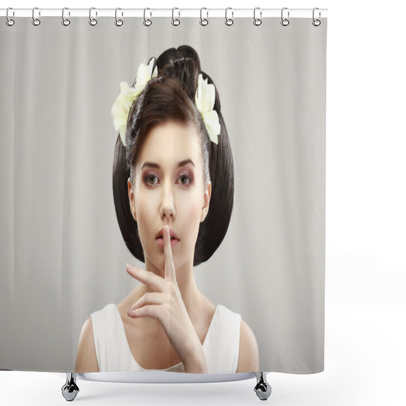 Personality  Hush! Beautiful Young Woman Showing Silence Sign With Her Forefinger. Warning Shower Curtains