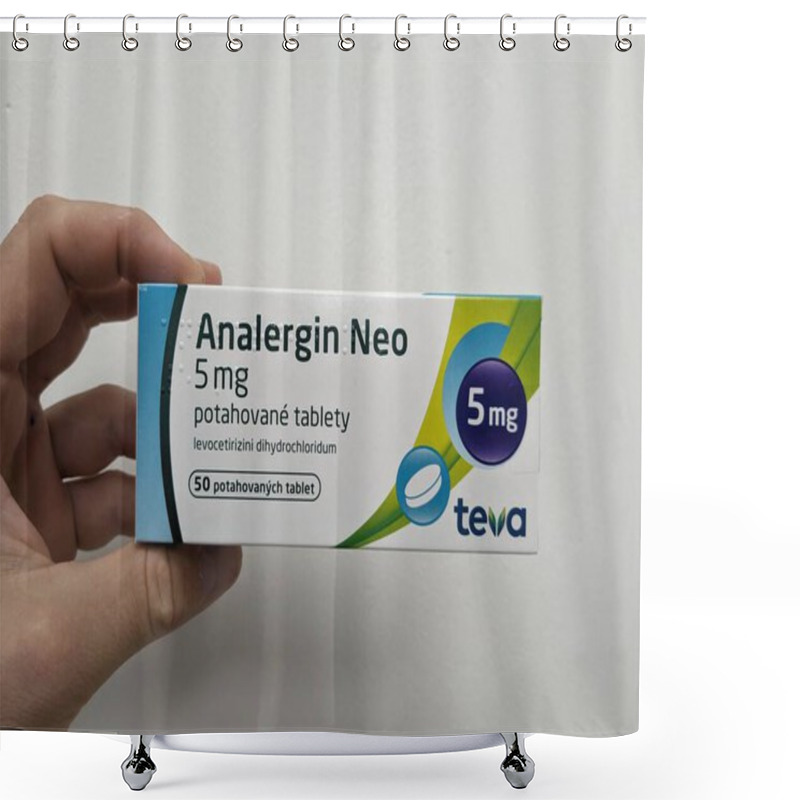 Personality  Prague, Czech Republic - July 10 2024: ANALERGIN NEO Box Of Medication With LEVOCETIRIZINE Active Substance By TEVA, Used For Treatment Of Allergic Rhinitis And Chronic Urticaria. Shower Curtains