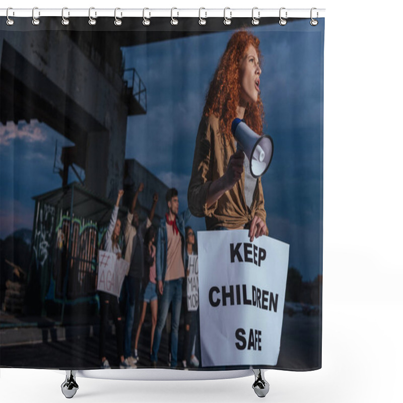 Personality  Selective Focus Of Emotional Redhead Girl Holding Placard With Keep Children Safe Lettering Near Multicultural People On Meeting  Shower Curtains