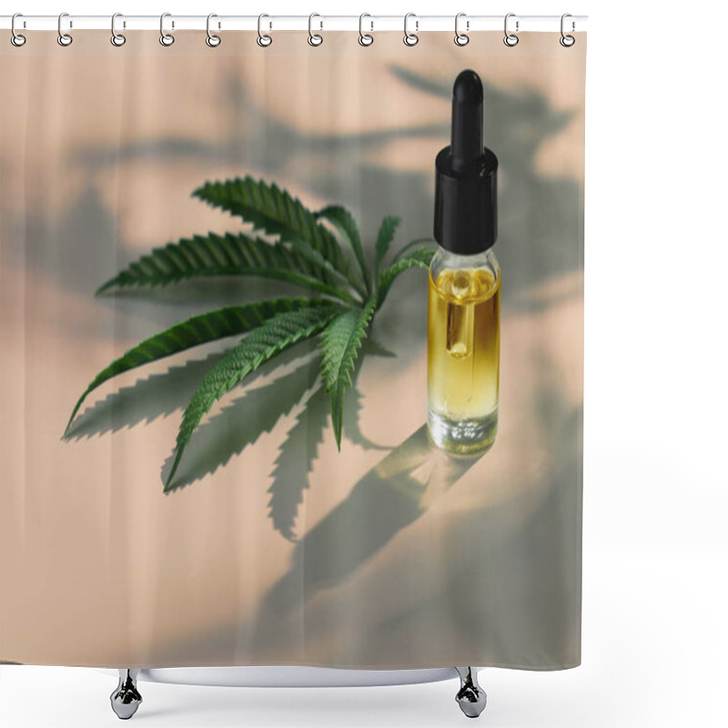 Personality  Set Of Marijuana Features With CBD Oil Product On Glass Bottle With Dropper Lid, Hemp Leaf And Dry Bud, Hemp Leaf And Bud Arranged On Empty Background. Cannabis Product Concept. Shower Curtains