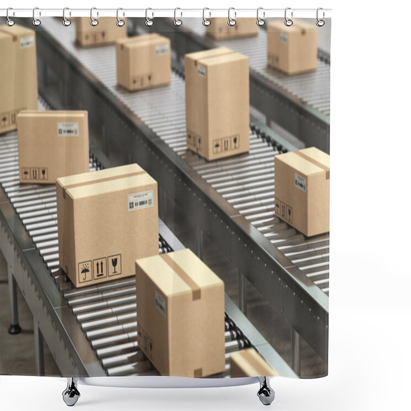 Personality  Cardboard Boxes On Conveyor Roller In Distribution Warehouse, Delivery And Packaging Service Concept. 3d Illustration Shower Curtains