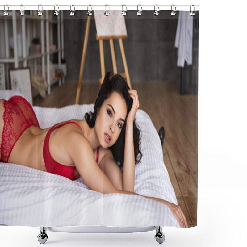 Personality  Sexy Girl Relaxing While Lying In Bed And Looking At Camera Shower Curtains