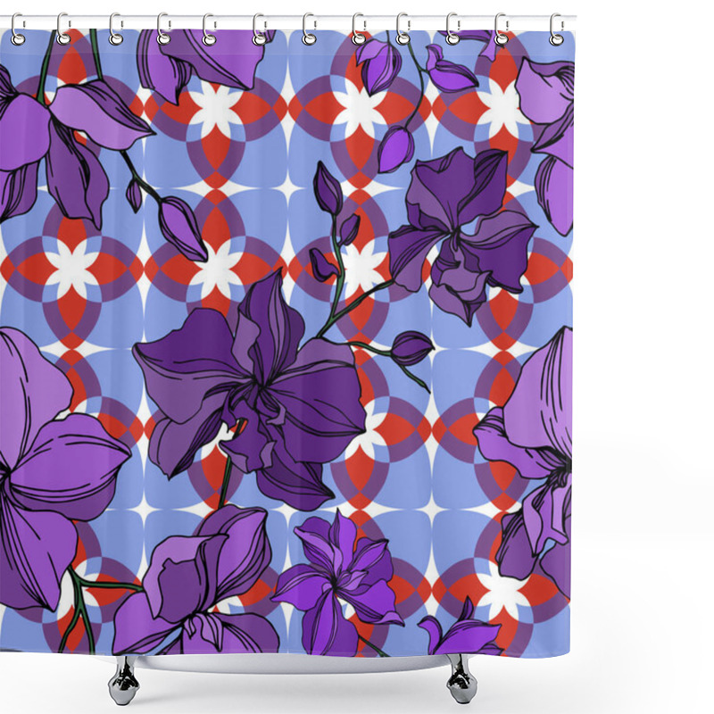 Personality  Vector Orchid Floral Botanical Flowers. Black And Purple Engraved Ink Art. Seamless Background Pattern. Shower Curtains