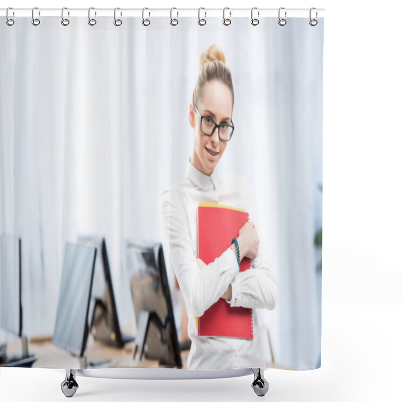 Personality  Young Caucasian Student Girl In Empty Classroom Shower Curtains