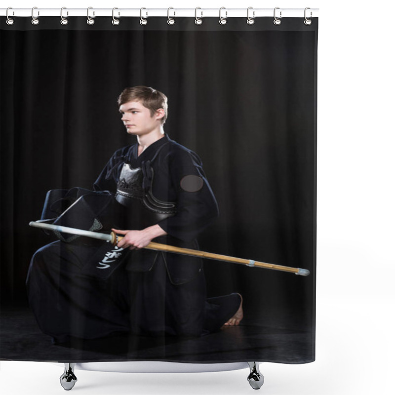 Personality  Young Man Practicing Kendo With Sowrd On Black Shower Curtains