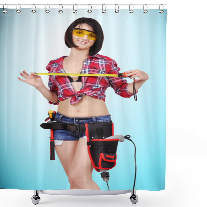 Personality  Girl With Tape Measure Shower Curtains