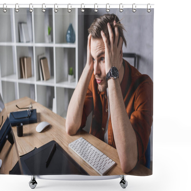 Personality  Bewildered Designer Sitting At Workplace And Holding Head With Hands Shower Curtains