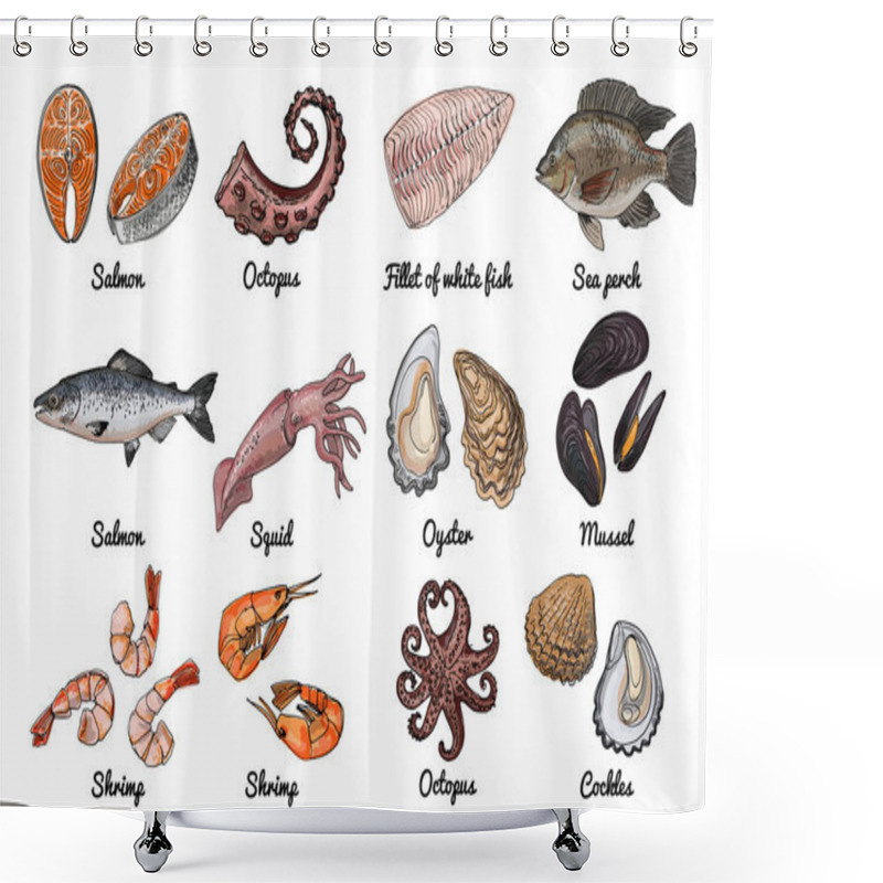 Personality  Sea Food. Vector Drawing Of Food. Red And White Fish, Tilapia, Squid, Salmon, Oysters Mussels Shrimps Shower Curtains