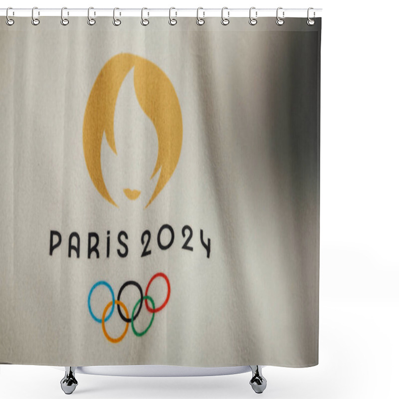 Personality  PARIS, FRANCE, JANUARY 4. 2024: White Backdrop Showcasing The Official Logo Of The Paris 2024 Summer Olympics Shower Curtains