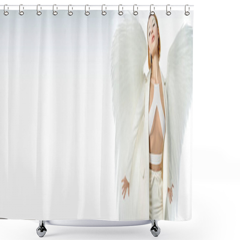 Personality  Beautiful Angelic Woman In Halloween Costume With Heavenly Wings Posing On White, Banner Shower Curtains