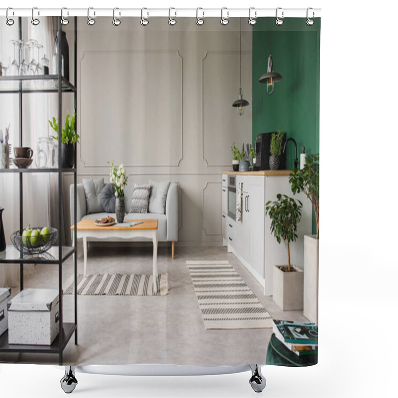 Personality  Grey And Green Open Plan Kitchen And Living Room, Real Photo With Copy Space On Empty Wall Shower Curtains