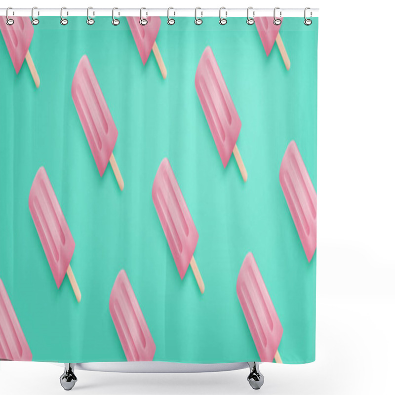 Personality  Realistic Pink Ice Cream Pattern On Green Background. Summer Season Banner Or Background For Shopping Promotion Advertisement. Shower Curtains