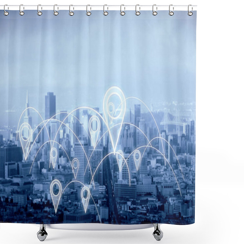 Personality  City With Abstract Connected Location Pins. Dull Sky Background. Shower Curtains